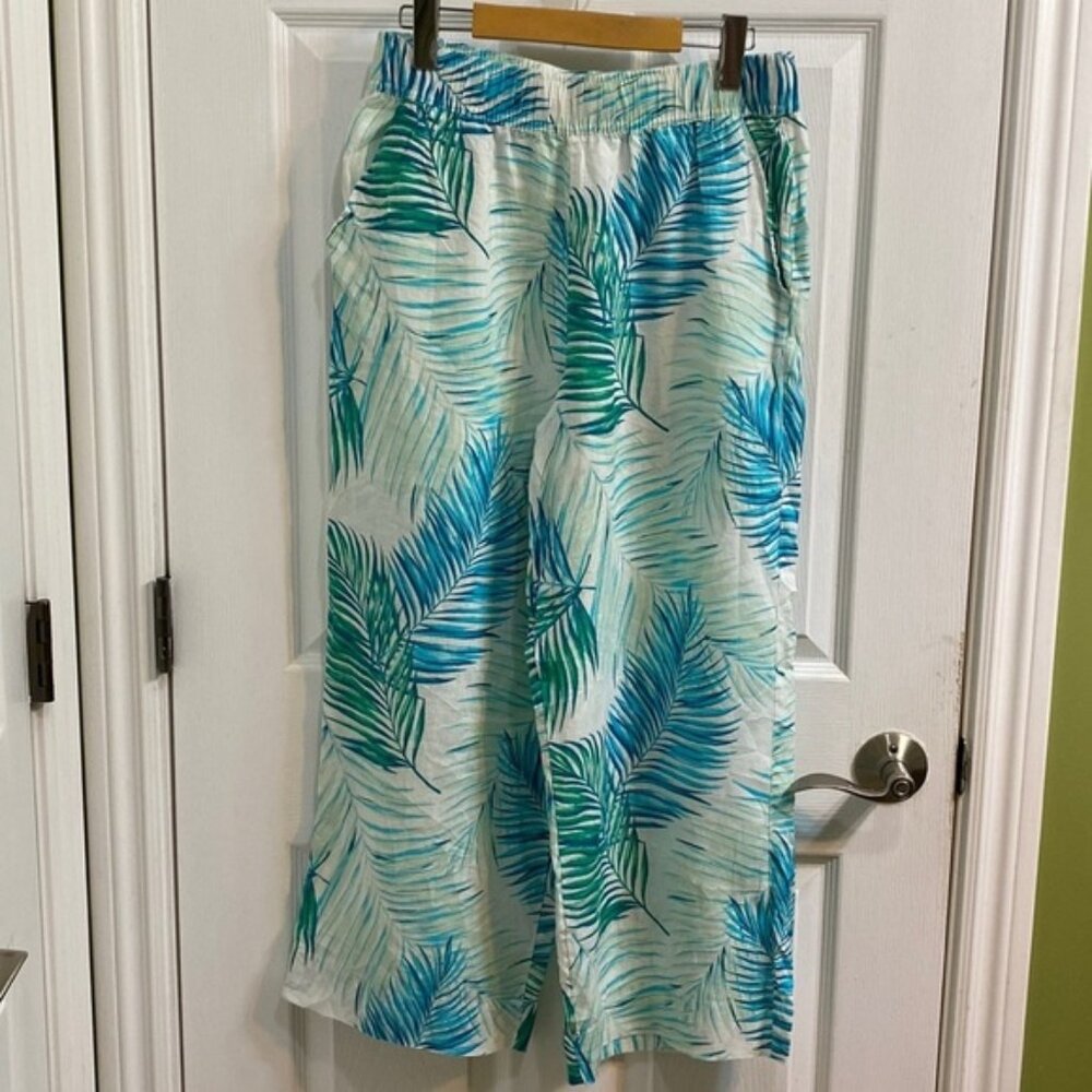 Tahari Pants Women M Green Blue Floral Linen Pull On Wide Leg Crop Tropical